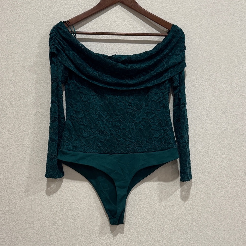 AFRM Dark Green Lace Off-Shoulder Bodysuit
